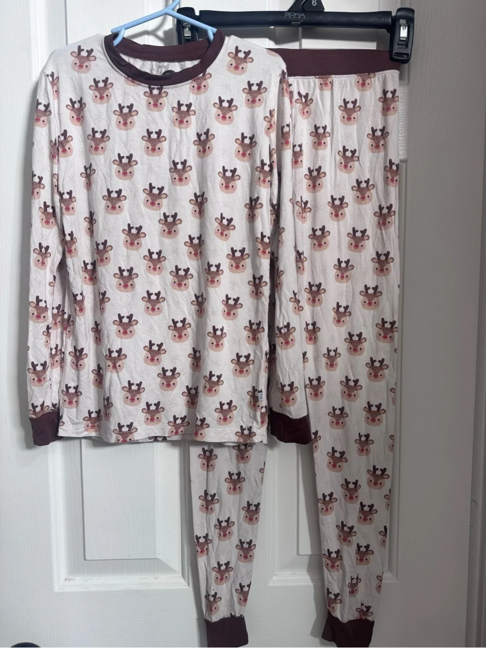 Kids Reindeer Bamboo Pajama Set - Cream with Brown Trim